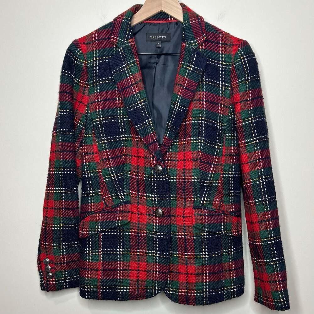 Talbots Plaid Wool Blend Blazer Size 6 Jacket 2-Button Christmas Holiday
